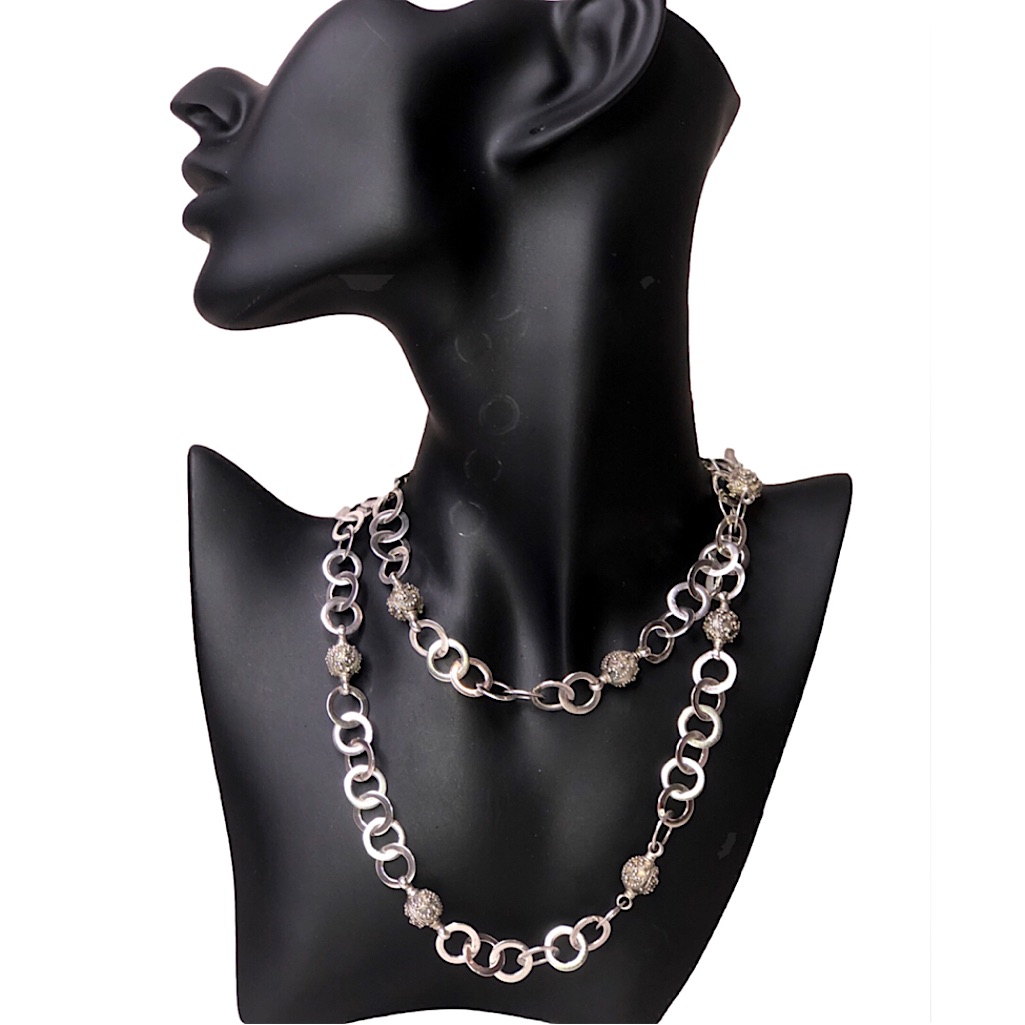 Lois Hill Sterling Silver Round Linked Necklace W Oxidized Granulated Stations 600$